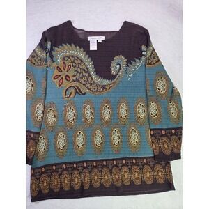 Coldwater Creek Womens Large Boho Paisley Top Crinkle Semi Sheer Sequin